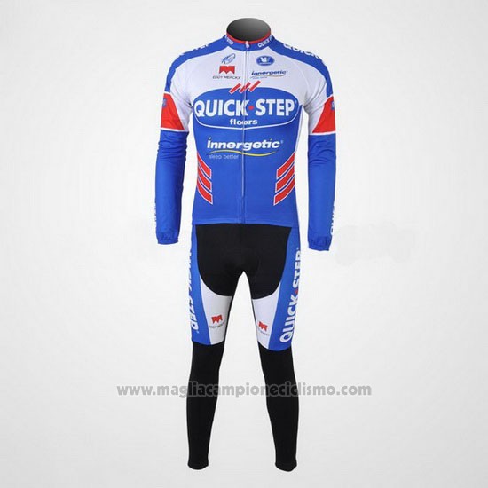 2011 Abbigliamento Ciclismo Quick Step Floor Bianco e Celeste Manica Lunga e Salopette